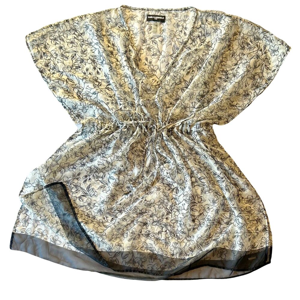 Karl Lagerfeld Floral Drawstring Swimsuit Cover Up | Black and White/Gray